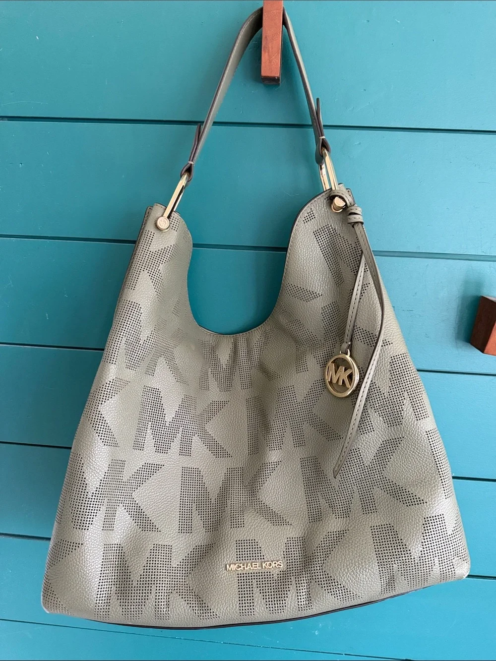 Michael Kors Olive Green Perforated MK Logo Hobo with Gold Charm